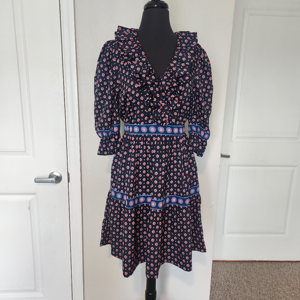 Blue and White Ruffled Wrap Sundress with Bishop Sleeves